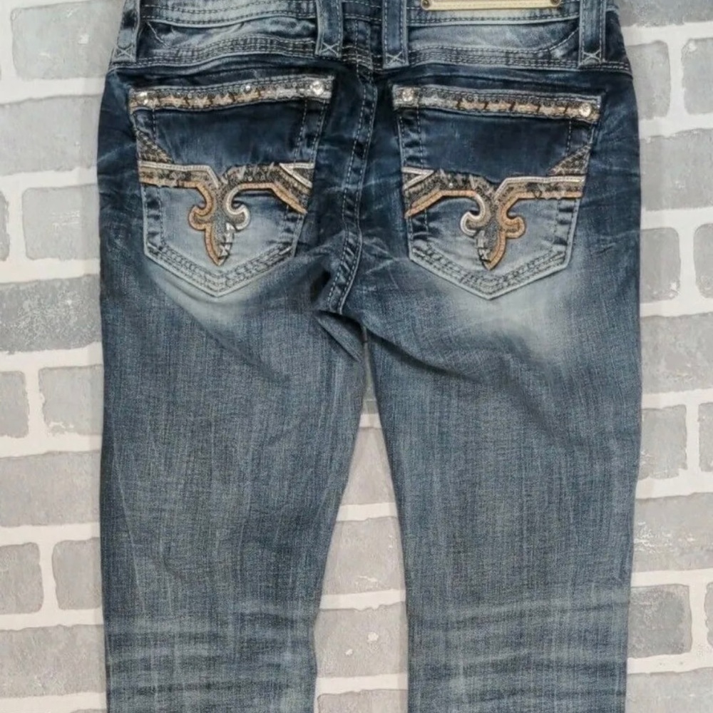 Rock Revival Women's Boot Cut Jeans - Distressed Blue with Brown Embroidery